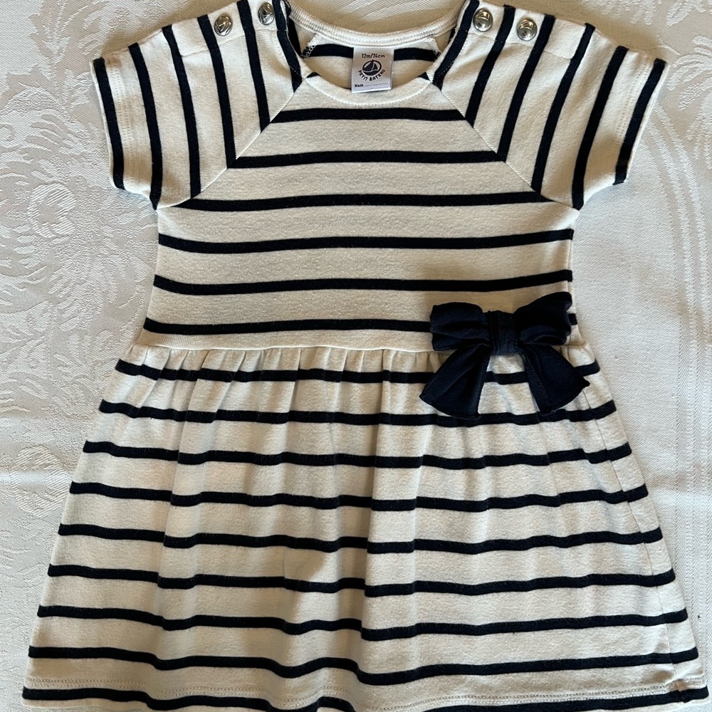 Petit Bateau Cream & Navy Striped Girls Dress with Side Bow